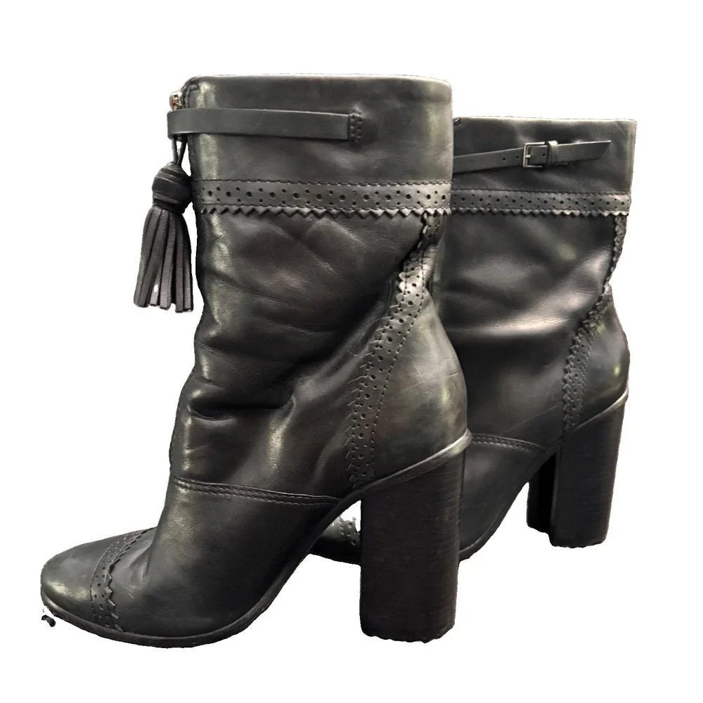 Tory Burch Black Leather Huxley Tassel Ankle Boots Block Heel Women Size 8